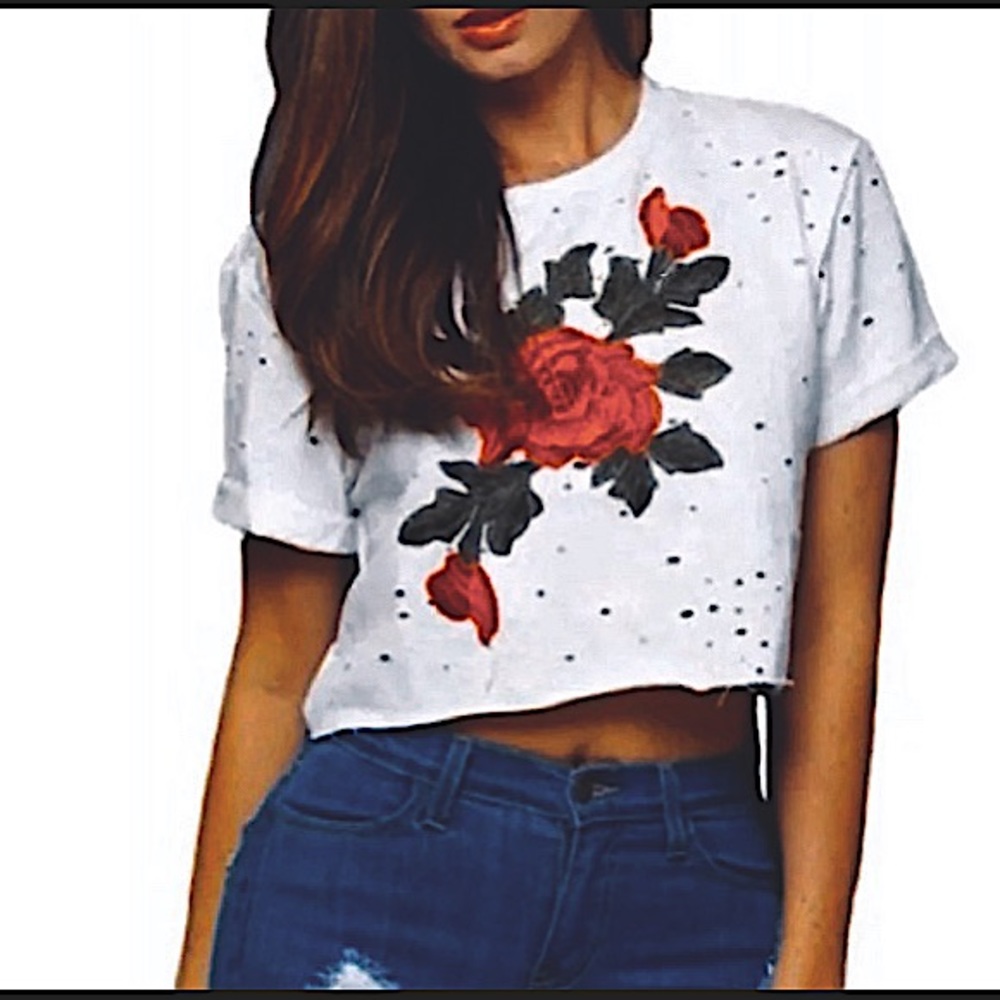 White V-Neck Red Embroidered Floral Top!